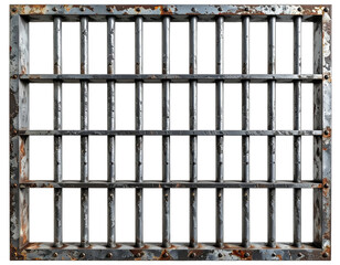 A frontal view of a metallic, aging jail cell window with rectangular bars on a black background