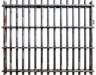 A weathered metal prison cell door. Rows of vertical bars show corrosion with a dark background
