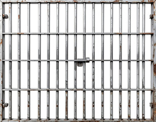 A frontal view depicts a rusty metal rectangular prison cell door, with vertical bars