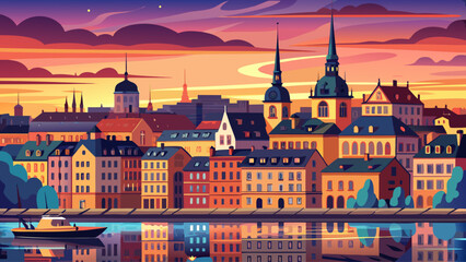 Obraz premium Very beautiful summer sunset over Stockholm’s Södermalm district, with colorful skies illuminating Old Town architecture, calm waters, and the romantic atmosphere of a Scandinavian evening.