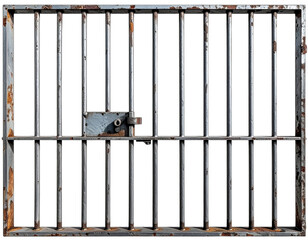 A weathered metal gate with vertical bars, a latch, and a stark black background