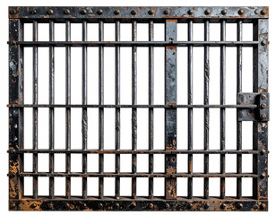 A weathered, black iron prison cell door with vertical bars and aged, rusty components