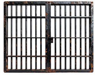 A weathered, black, wrought iron prison gate shows rust and a heavy latch