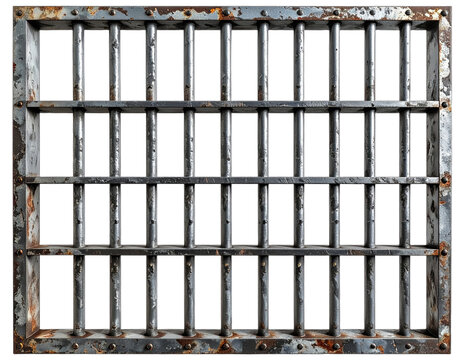A frontal view of a metallic, aging jail cell window with rectangular bars on a black background