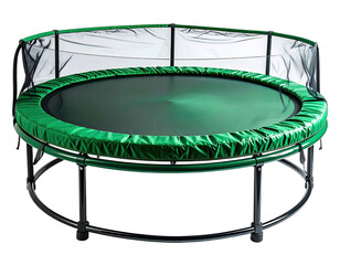 A round, dark green trampoline with a safety net on a black background