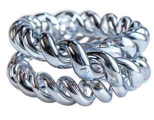 Close-up of intertwined, shiny silver rings with high-gloss reflections against a dark background