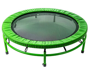 A round fitness trampoline with a green frame and padding, sits against a black backdrop