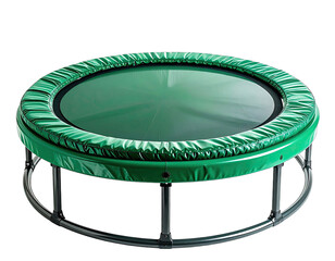 Overhead studio shot of a green circular trampoline against a black background