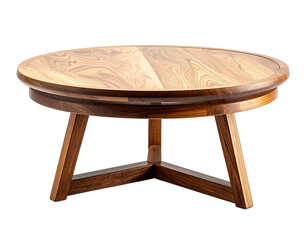 A round, low-lying coffee table made of stained wood, featuring geometric leg supports