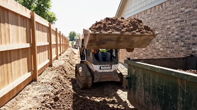 Construction worker operating a Bobcat skid steer loader to move dirt.