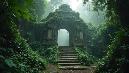Ancient stone archway overgrown with vines and moss leads up stone steps into misty jungle. Rich green forest surrounds forgotten ruins, hinting at lost civilization and mysterious pathways beyond.