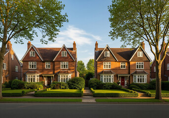Charming brick semi-detached houses lining a neat urban street with manicured lawns and mature trees, showcasing architectural character