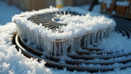 Outdoor air conditioner unit covered in thick ice and icicles. Frosty coil cooler shows system malfunction. Freezing weather caused breakdown. Repair needed for appliance.