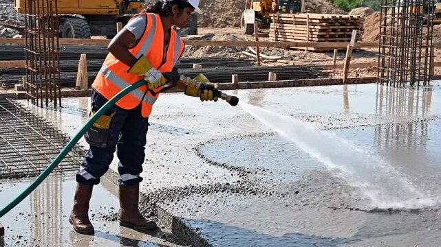 Construction worker spraying water on wet concrete slab at building site.