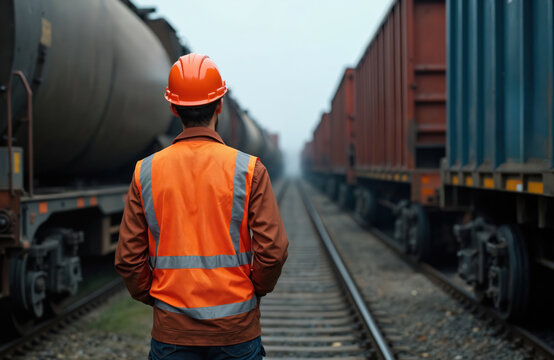 Worker wearing safety vest and hard hat stands on railroad tracks. Freight train cars filled with oil transport are on background. Industrial transportation scene.
