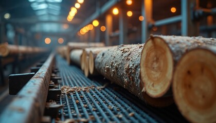 Raw wood logs move on a conveyor belt at a processing mill. Timber is prepared for manufacturing in an industrial setting. Equipment transports natural material through the factory.