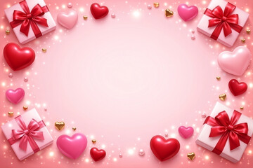 Valentine&rsquo;s Day background with gift boxes and hearts. Soft pink romantic background with copy space.