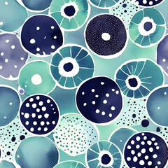 Seamless abstract watercolor pattern with turquoise and navy blue circles. Modern hand-painted background for textiles, wallpaper, and digital design.