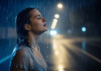 A Young Woman's Moment of Reflection in the Rain, Capturing the Serenity and Introspection of a Solitary Evening Amidst City Lights