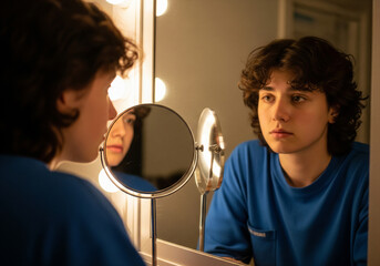 A thoughtful young man in a blue t-shirt gazes into a mirror, reflecting on his own image in a moment of quiet contemplation and self-awareness