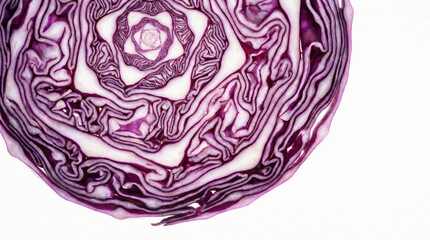 Red cabbage cross section backlit showing fractal organic pattern