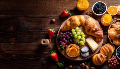 a vibrant spread of assorted pastries fruits and cheeses on a rustic wooden surface breakfast eat