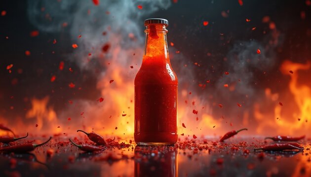 Glass bottle filled with red spicy chili sauce on dark surface with scattered peppers and flames. Fiery smoke rises around. Hot condiment for cooking food.