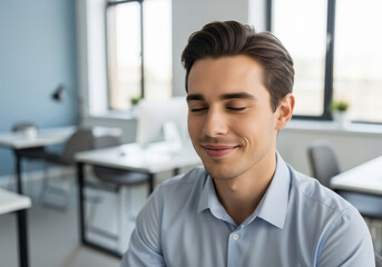 Young professional finds tranquility, eyes closed, a subtle smile reflecting relief and calm. Deep breath taken in a bright, modern office, achieving inner peace and a serene moment of mindfulness