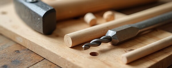 Hammer, drill bit, dowels and rasp rest on a wooden board. Tools laid out for carpentry project construction. Woodworker prepares for diy home renovation or furniture making.