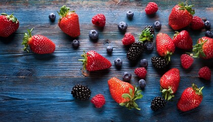 assorted vibrant berries scattered on a rustic wooden surface strawberries wood