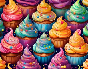 a whimsical repeating pattern of cheerful colorful cupcakes with sprinkles and frosting swirls background yummy