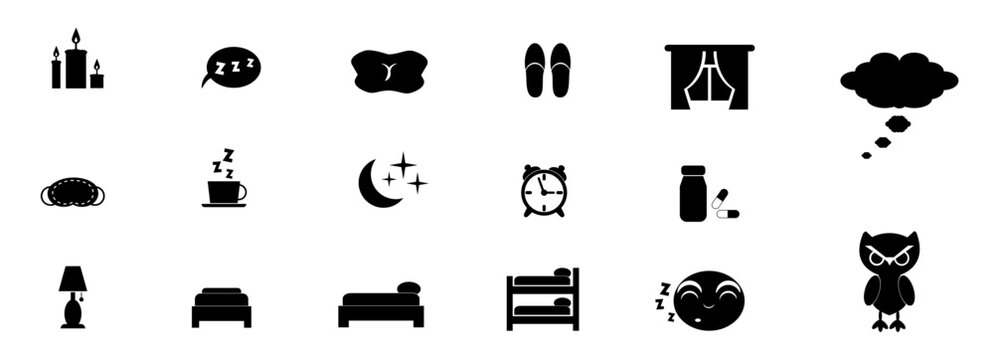 Conjunto de iconos de sue&ntilde;o, dormir y noche: almohada, cama, b&uacute;ho, reloj, velas, taza, velador, ventana, pantuflas y luna con estrella. Ilustraci&oacute;n Vectorial de siluetas con estilo minimalista.