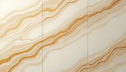 Abstract wavy cream, gold lines form luxurious marble surface pattern. This elegant design mimics natural stone texture, suitable for interior decor backdrops. It suggests wealth, sophistication.