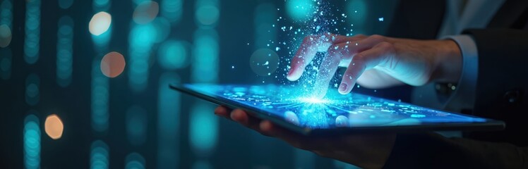 Man uses tablet computer, touching screen with glowing digital data. Futuristic interface with binary code and bokeh lights background. AI and business concept.