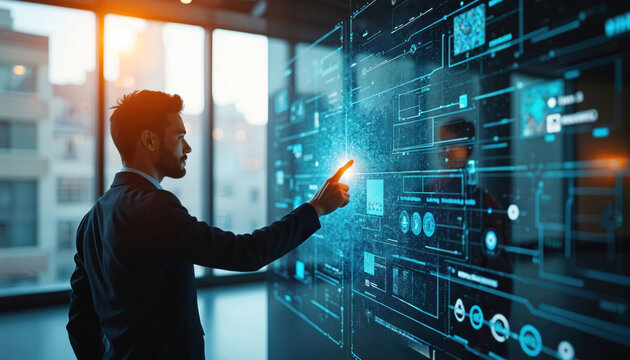 Man in suit touches futuristic digital screen with data charts and binary code. Future tech interface displays complex information in bright office environment. - Powered by Adobe