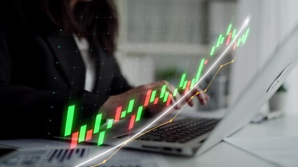 A business professional engages in stock market analysis using a laptop, with colorful graphical data indicating trends and performance in a modern office environment. Copula - Powered by Adobe
