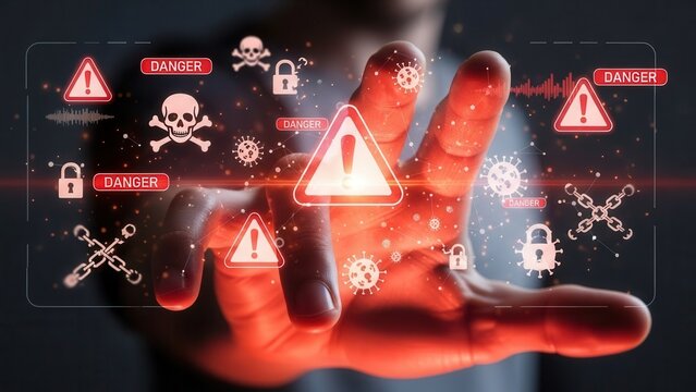 System hack warning concept showing a hand interacting with a virtual screen filled with red danger icons, representing cybersecurity threats, malware attacks, and digital security breaches - Powered by Adobe