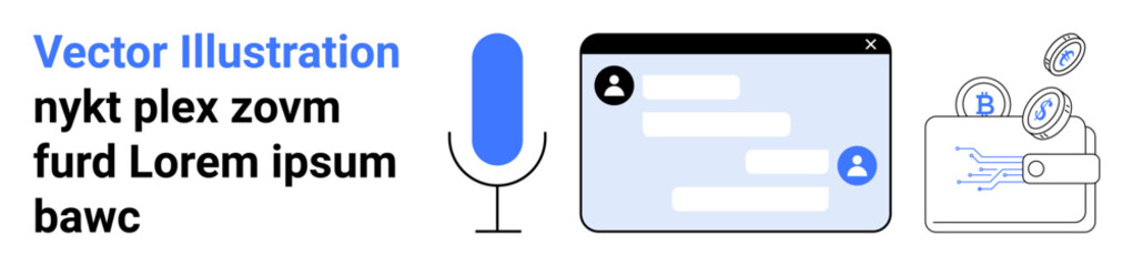 Obraz premium Digital communication, voice input, secure transactions, online messaging, digital wallet, technology usage. Modern microphone, chat interface and digital wallet illustration. Voice input and secure