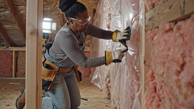 Woman Installing Pink Insulation in New Home Construction.