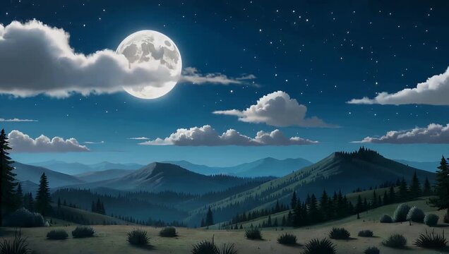 Artistic 4K seamless looping video background animation featuring cartoon anime style landscape with prominent moon and stars visible in night