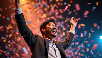 Man in suit celebrates with arms raised. Colorful confetti falls around him as he laughs joyfully on stage. Represents business success, achievement, excitement after presentation or competition win.