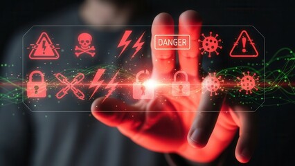 System hack warning concept showing a hand interacting with a virtual screen filled with red danger icons, representing cybersecurity threats, malware attacks, and digital security breaches