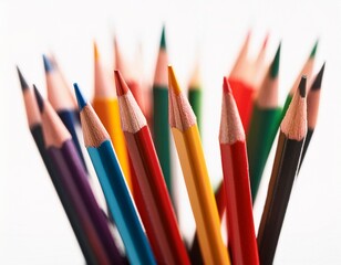 the colored pencils close up with red tip focus and shallow depth of field