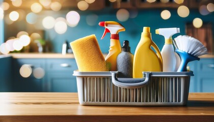 the cleaning caddy filled with supplies on wooden kitchen counter with bokeh