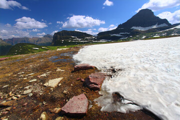 Snow remains even in late August at Logan Pass of Glacier National Park USA