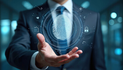 Man in suit displays digital fingerprint scan for secure access. Biometric identity verification via touch sensor unlocks device, ensuring personal data safety online.