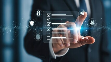 Closeup Businessman Hand using digital interface with checklist and security icons, representing cybersecurity, data protection, secure access, and digital identity verification system