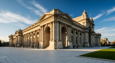Obraz premium Grand Neoclassical Building Columns Sunny Day Blue Sky Copy Space