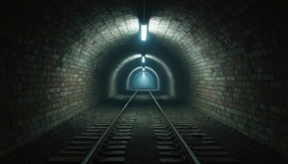 Dark arched brick tunnel leads to light at end of passage. Train tracks stretch into dim distance. Overhead industrial bulbs cast eerie glow on wet floor. Mystery, journey.
