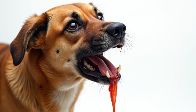 Sick dog drools thick red saliva from its open mouth. Its eyes show distress and panic. The animal might have rabies or another serious illness.